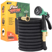 Flexi Hose with 8 Function Nozzle, 100FT - Lightweight Expandable Garden Hose, No-Kink Flexibility, 3/4 Inch Solid Brass Fittings and Double Latex