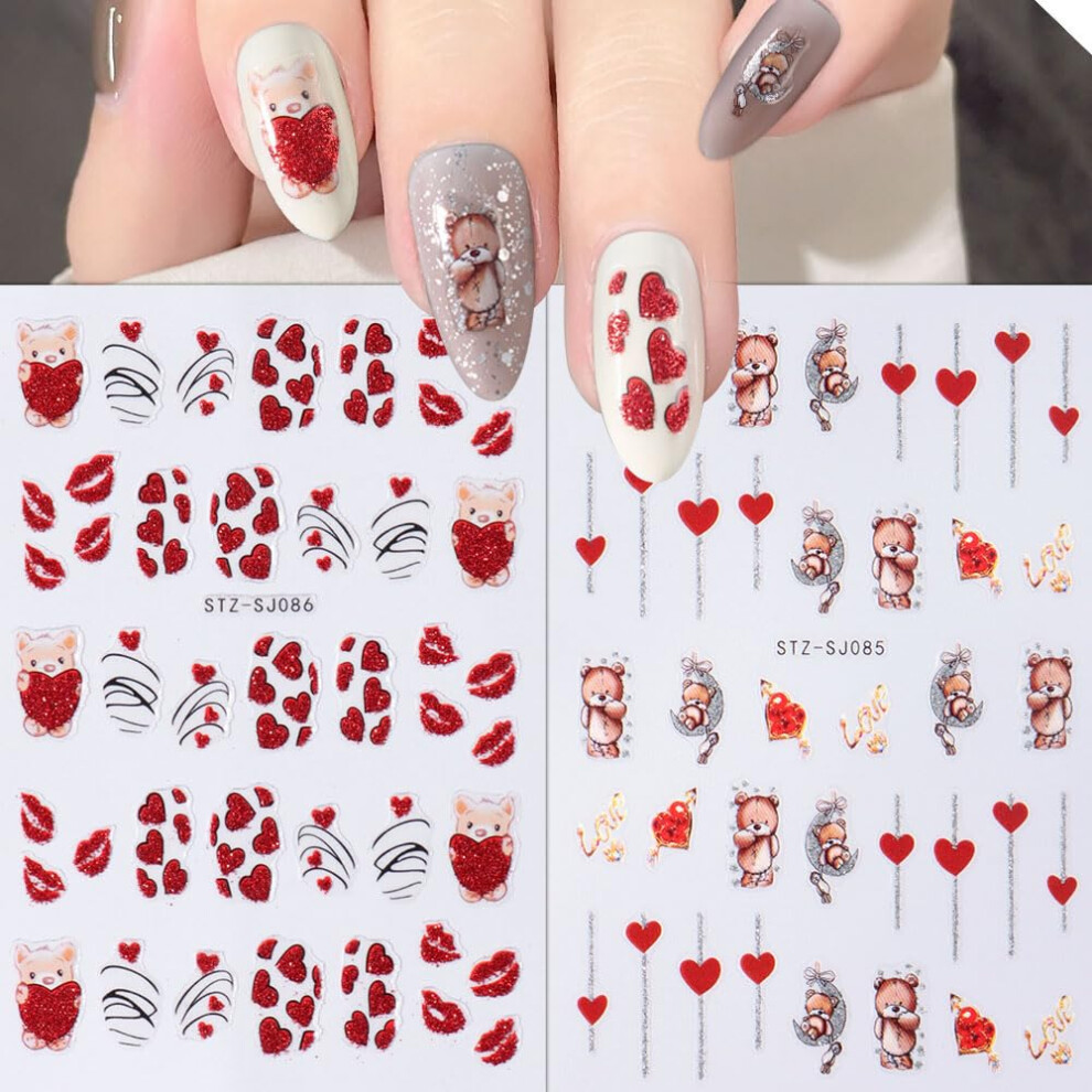 Valentine Nail Stickers 3D SelfAdhesive Heart and Lip Art Decals for Women Girls 6 Sheets