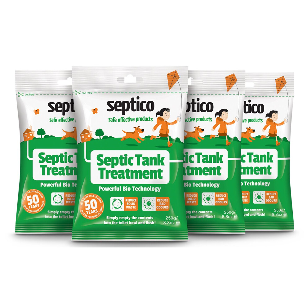 Septico Septic Tank Treatment 4 X 250G - 24 Months Supply | Bacteria Booster | Drain Cleaner | Odour Eliminator | Maintains Healthy Septic System