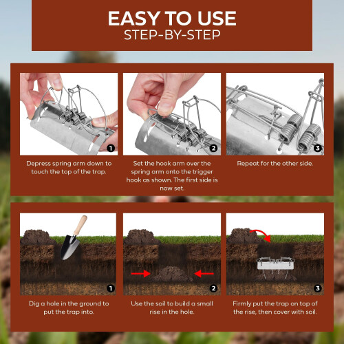REPELEM Flat Bottom Tunnel Mole Trap Reusable Mole Traps, Rust-Free Garden Protection Humane Vole & Mole Killer, Powerful Mole Deterrent | Large, Pack 2
