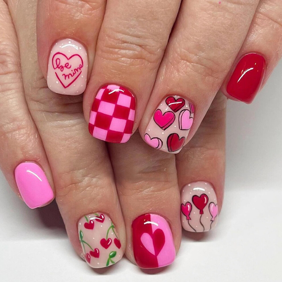 Pink Short Press On Nails Square Fake Nails With Heart Cherry Design Glue On Set 24Pcs