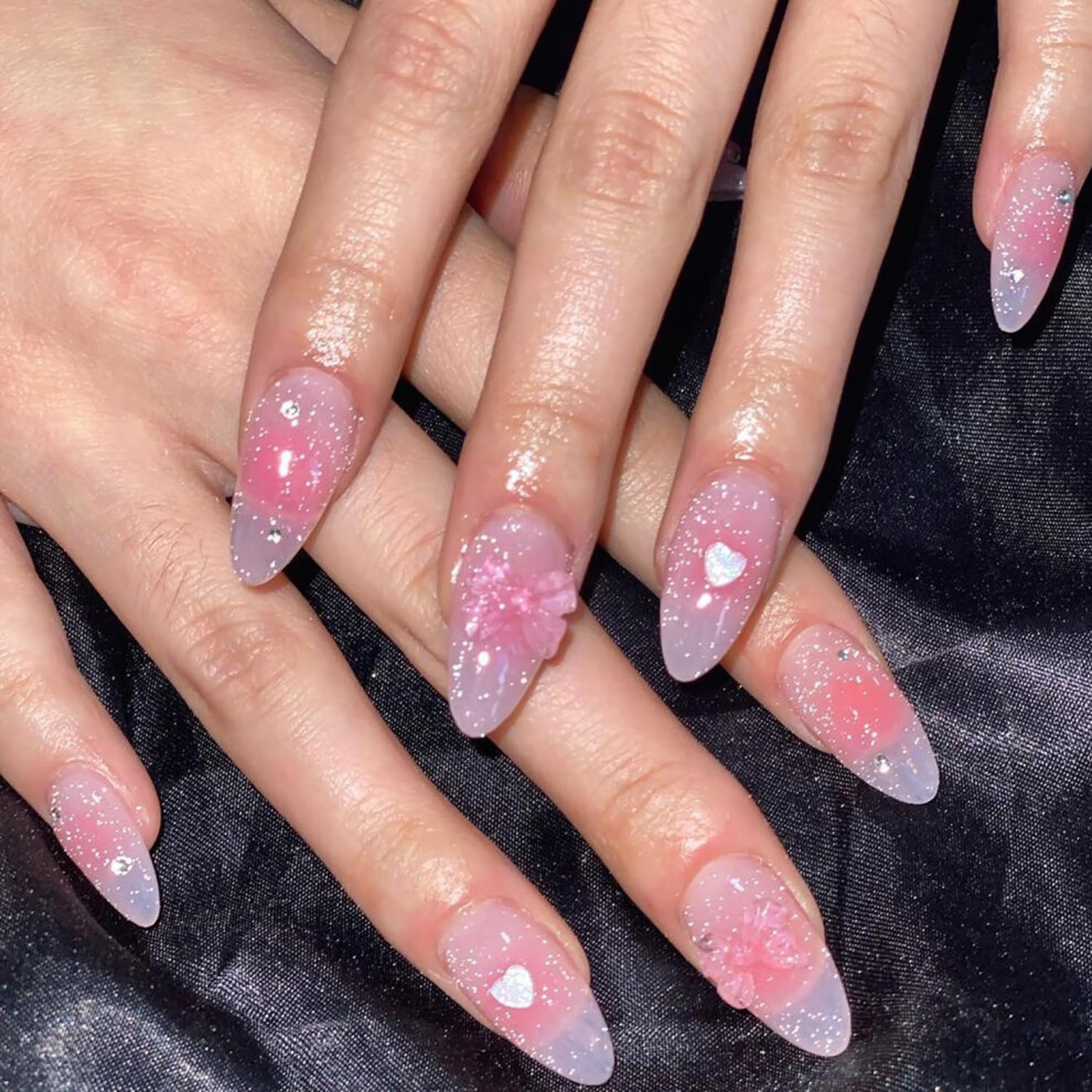 Medium Almond Press On Nails with Glossy Butterfly Rhinestones, 24pcs Full Cover Acrylic Fake Nails