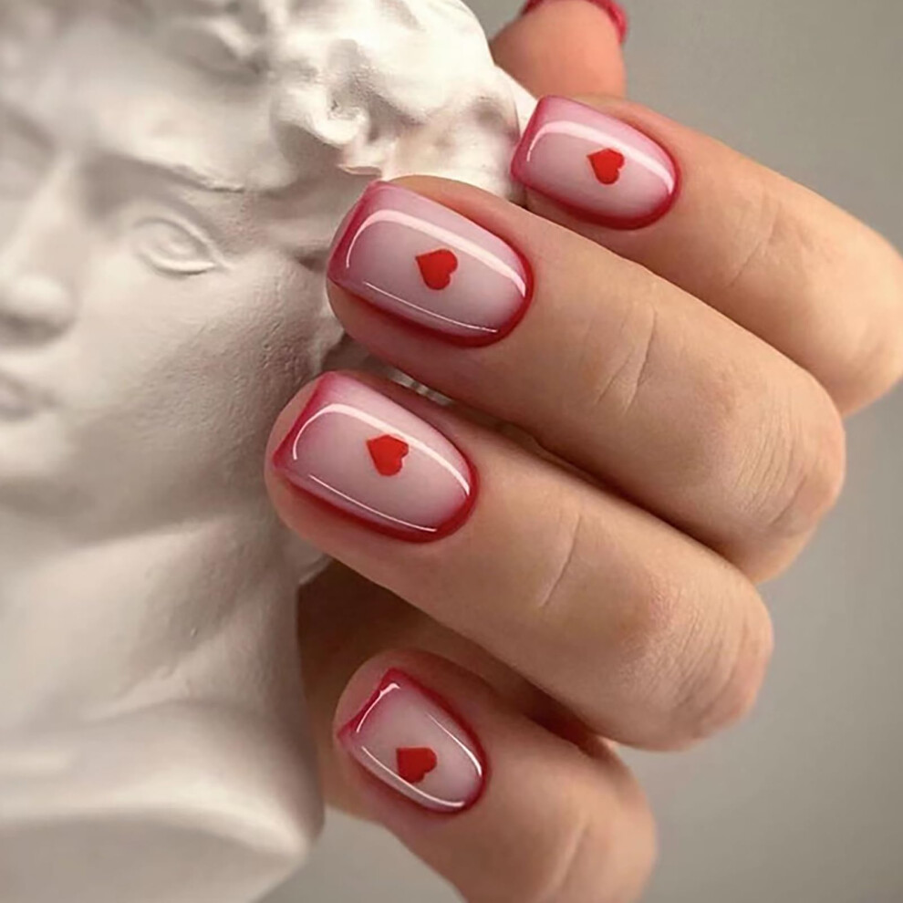 Valentines Press On Nails Set Red Heart Short Square Fake Nails with Glue Reusable Nail Tips