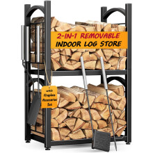 HFHOME Log Store Indoors 2-IN-1 Firewood Log Rack, 2 Tier Wood Storage for Fireplace with Log Burner Accessories, Outdoor Metal Firewood Log Holder 78