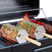 Rolling Grill Basket (Hexagon), Removable Wooden Handle, 304 Stainless Steel, Nesting Grilling Net, BBQ Accessories Tools for Vegetables Shrimp,