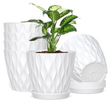 12.5cm Plant Pots, 6 Pack Plastic Flower Pots with Drainage Holes and Saucers, Indoor Outdoor Planters for Succulent and All House Plants(White)