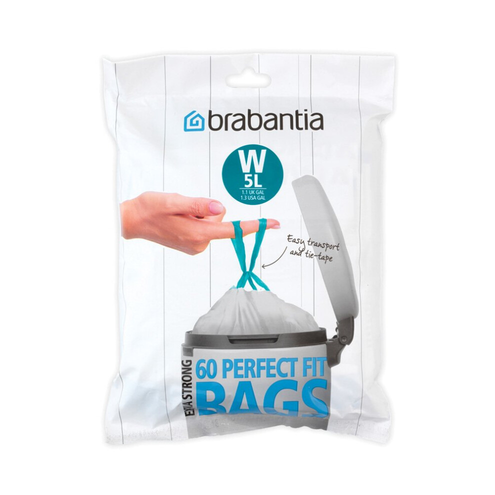 Brabantia Idealfit Bin Liners (Size W/5 Litre) Ideal Quality Thick Plastic Trash Bags With Tie Tape Drawstring Handles (60 Bags)