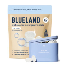BLUELAND 100% Plastic-Free Dishwasher Detergent Tablets, Starter Set, 60 Count with tin, Free & Clear, Eco-Friendly Dishwashing Pods, Natural, USDA