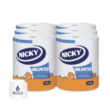 Nicky Unlimited Multipurpose Towel ? 6 Rolls Per Pack, 3 Ply Roll, 250 Sheets per Roll, 1500 Sheets per Pack, Easy Opening Pack, Extra Strong, Indoor
