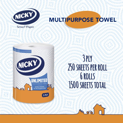 Nicky Nicky Unlimited Multipurpose Towel ? 6 Rolls Per Pack, 3 Ply Roll, 250 Sheets per Roll, 1500 Sheets per Pack, Easy Opening Pack, Extra Strong, Indoor 1
