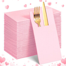 Light Pink Disposble Dinner Napkins Cloth Like with Built-in Flatware Pocket, Wedding Party Linen Feel Pink Napkins Prefolded for Silverware Wedding