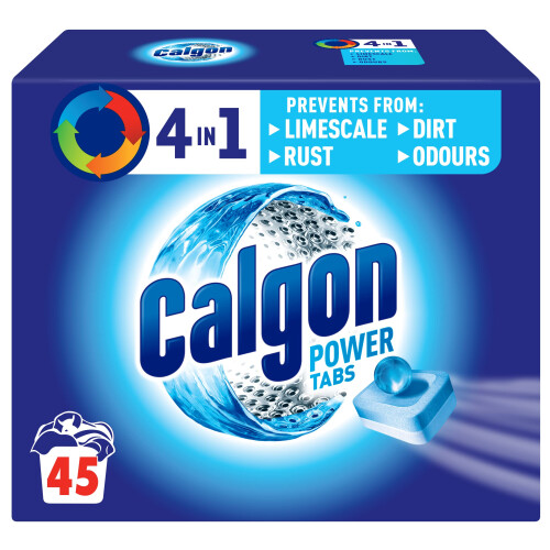 Calgon 4-in-1 Washing Machine Cleaner and Water Softener Tablets, 45 Count | Removes Limescale, Residue, Dirt, Rust & Malodours | Deep Clean | L Pack