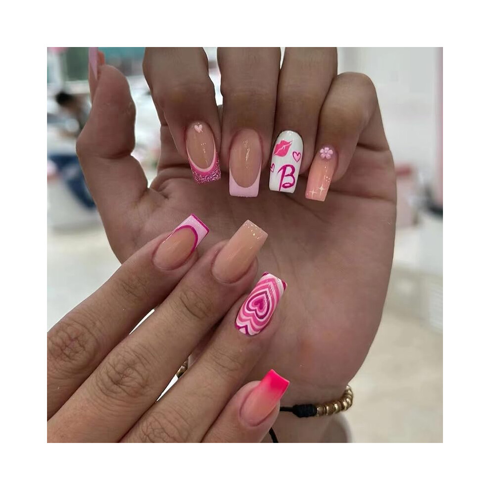 Valentine's Day Press On Nails Medium Square Glossy Heart Design Reusable Acrylic False Nails