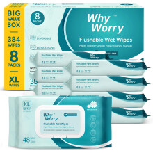 WhyWorry Flushable Wipes for Adults, Extra Large 20x25 cm Flushable Toilet Wipes with Chamomile & Vitamin E, Moist Toilet Tissue, 100% Plant-Based,