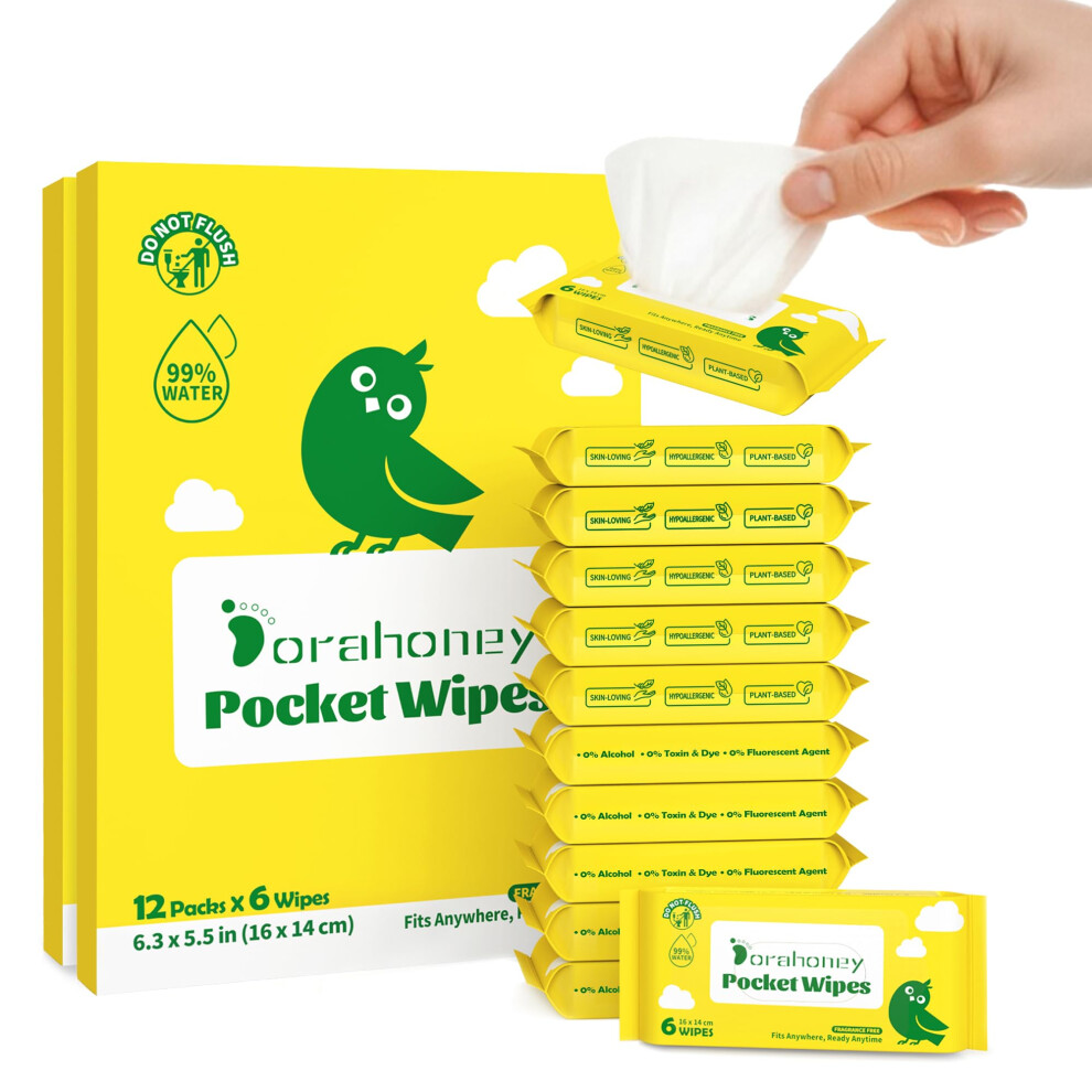 Dorahoney Mini Wet Wipes Travel Size, Sensitive Fragrance Free Travel Wipes, 99% Water, Unscented & Hypoallergenic Hand And Face Pocket Wipes For