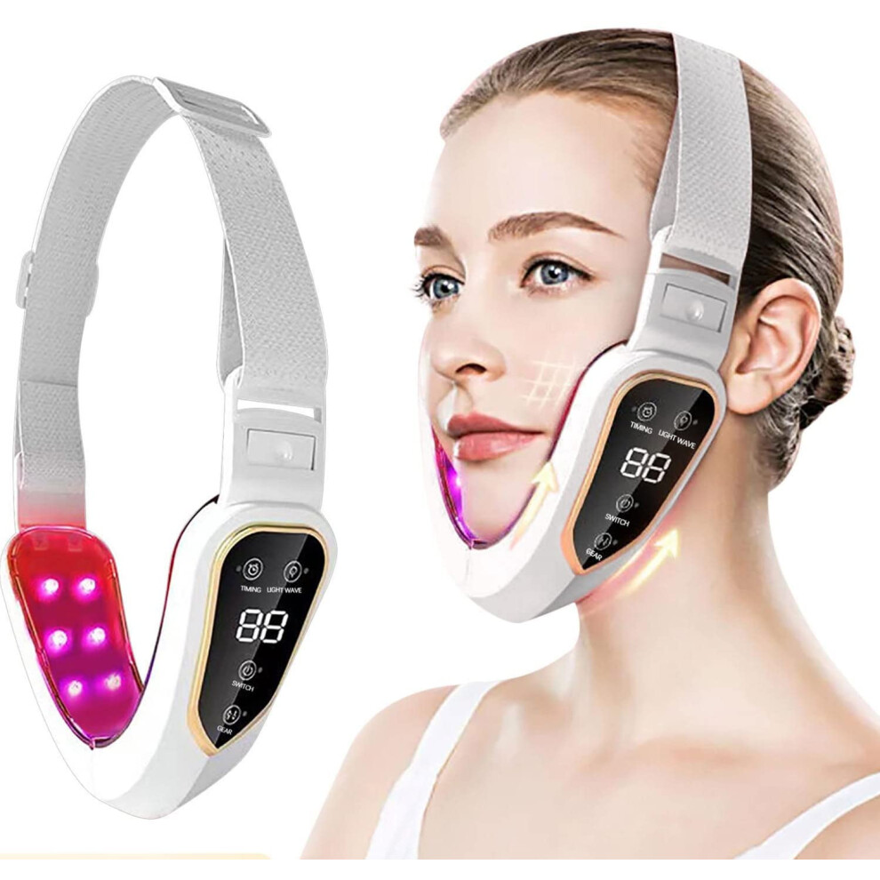 Face Lifting Device with Vibration Light Therapy, Electric Double Chin Reducer for Women White