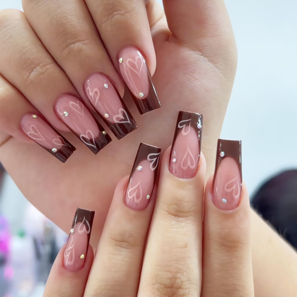 Valentine's Day Coffin Press on Nails French Tip Nude with Heart Rhinestones Glue on Fake Nails