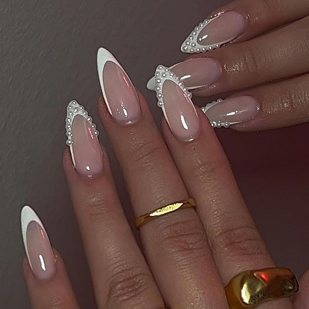White Almond False Nails With French Tip And Pearl Designs, 24 Sizes, Salonstyle Glossy Press On Nails