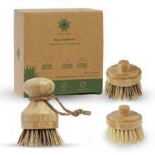 PROTEA Cup Brush Set (3 Pack) - Sustainable Dish Brush for Pots & Tableware - Interchangeable Heads (2 Included) - Scratch-Free - Bamboo & Natural