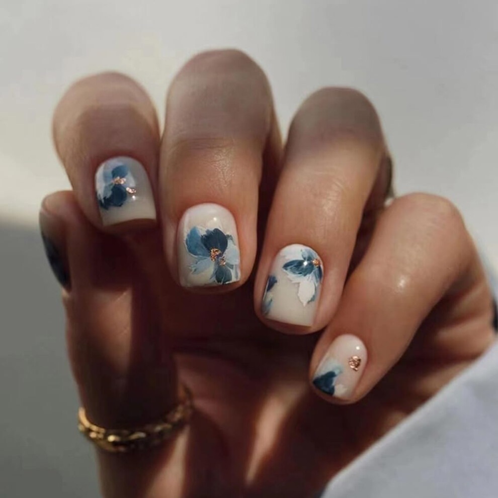 White Press on Nails Short Square with Blue Flower Rhinestone, Gel Acrylic Fake Nails for Wedding
