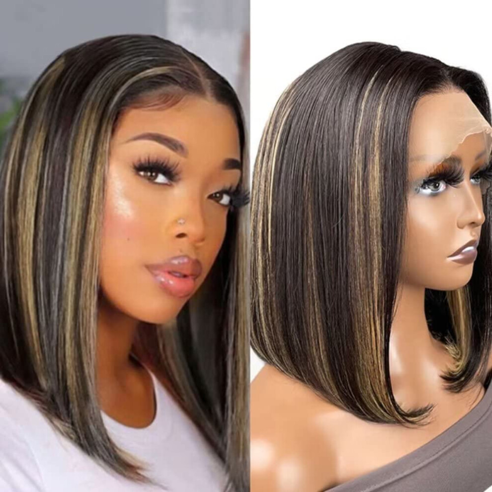 Unisex Black Ombre Highlight 13X4 Lace Front Bob Wig Human Hair For Women Pre Plucked With Baby Hair