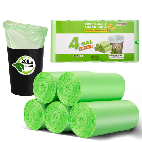 Small Trash Bags 4-6 Gallon, Inwaysin 200 Count Biodegradable Trash Bags 4 Gallon, Extra Strong Small Garbage Bags Unscented, Size Expanded, Green,