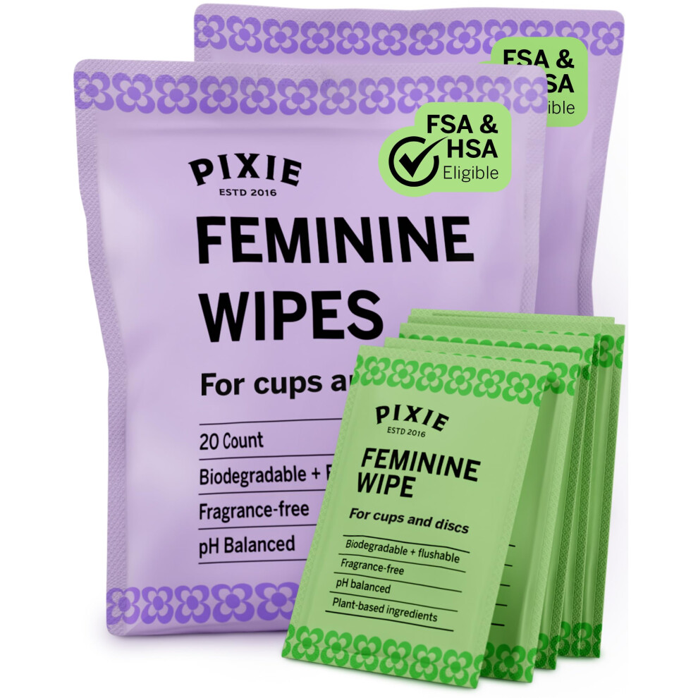 Pixie Cup Pixie Feminine Wipes - Flushable, Biodegradable, & Ph Balanced - Best Individually Wrapped Body Wipes For On The Go & Public Bathrooms - Wash, &