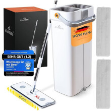 XL Mop and Bucket Set, Dual-Chamber System, 143?181 cm Telescopic Handle, 40 cm Flat Floor Mop, Self-Wringing with Pet Hair Remover and 2 Microfibre