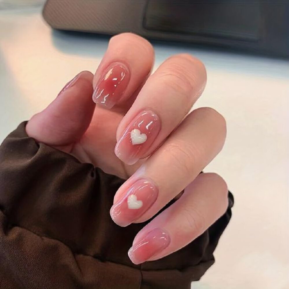 Pink Love Short Round Press On Nails With Glue 24Pcs Set, 12 Sizes Instant Athome Manicure