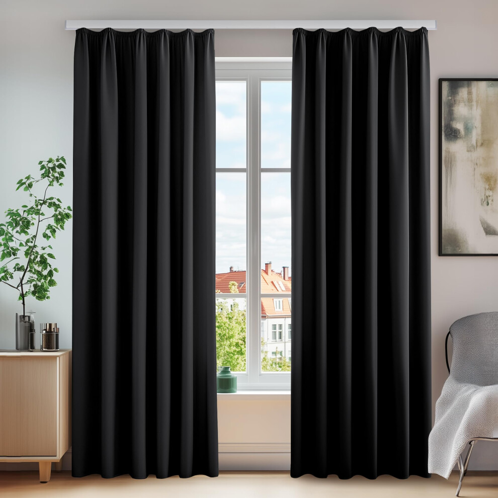 Deconovo Blackout Curtains For Boys Room Darkening Thermal Insulated Pencil Pleat Curtains Black 55X96 Inch 2 Panels