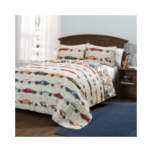Lush Decor Race Cars 2 Piece Quilt Set, Blue/Orange, Twin