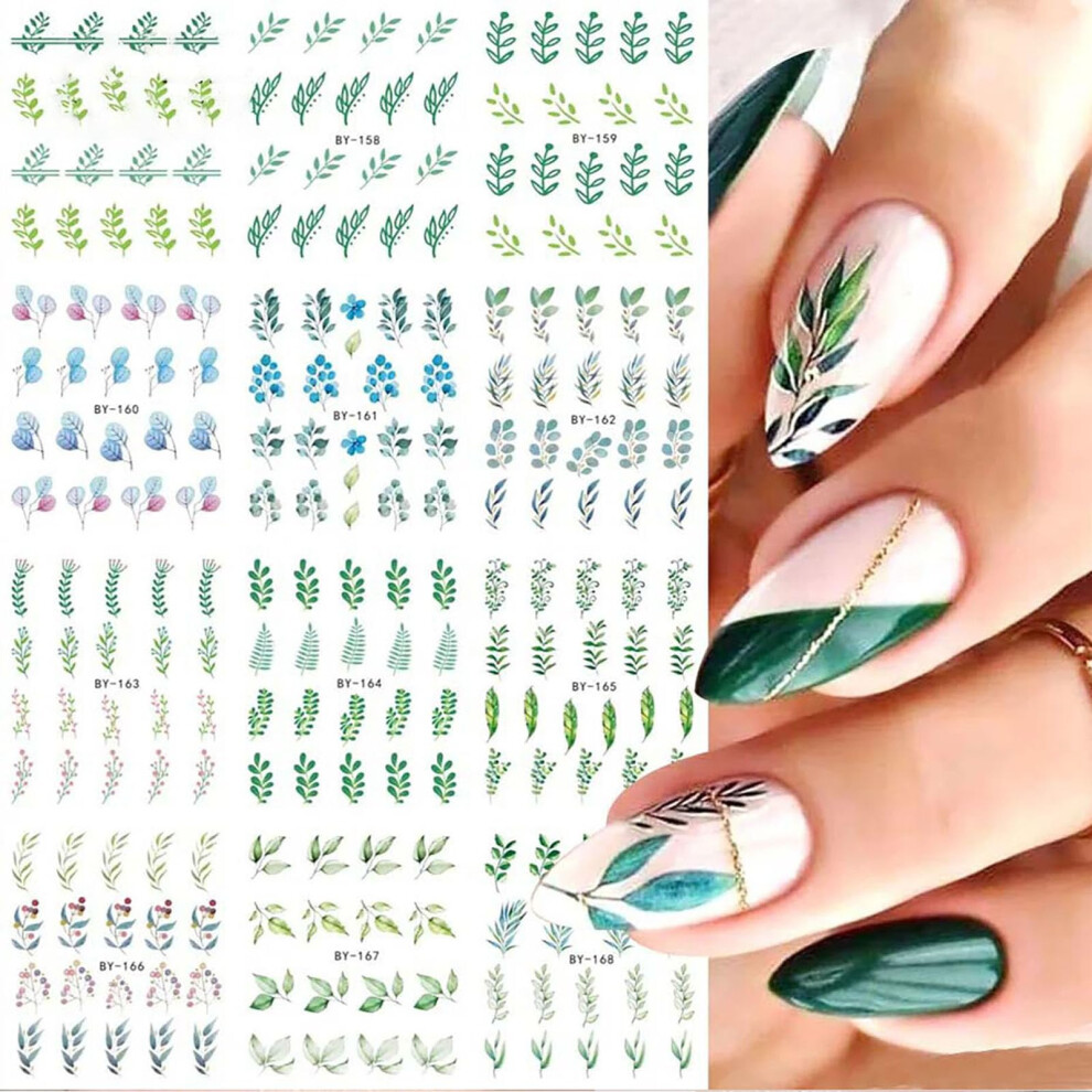 Green Nail Art Stickers Floral Nail Decals Spring Leaves And Tulip Designs 12Pcs Water Transfer