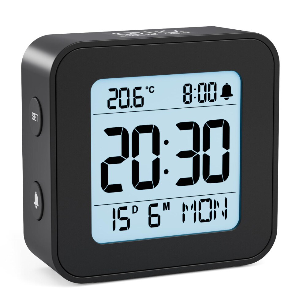 Latec Alarm Clock Bedside Battery Powered Lcd Digital Clock With Date & Day, Snooze, Temperature, 12/24H, Backlight, 3 Volumes, Silent Travel Small