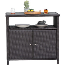 Grand patio Wicker Storage Cabinet Outdoor Waterproof Buffet Cabinet Patio Bar Table with Two Doors and Shelves Wicker Sideboard for Garden Kitchen