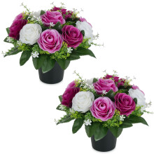 BLOSMON Artificial Grave Flowers Pots: 2 Pcs Purple Lilac Roses Silk Cemetery Ornaments in Pot for Outdoor Decorations - Fake Funeral Memorial Floral
