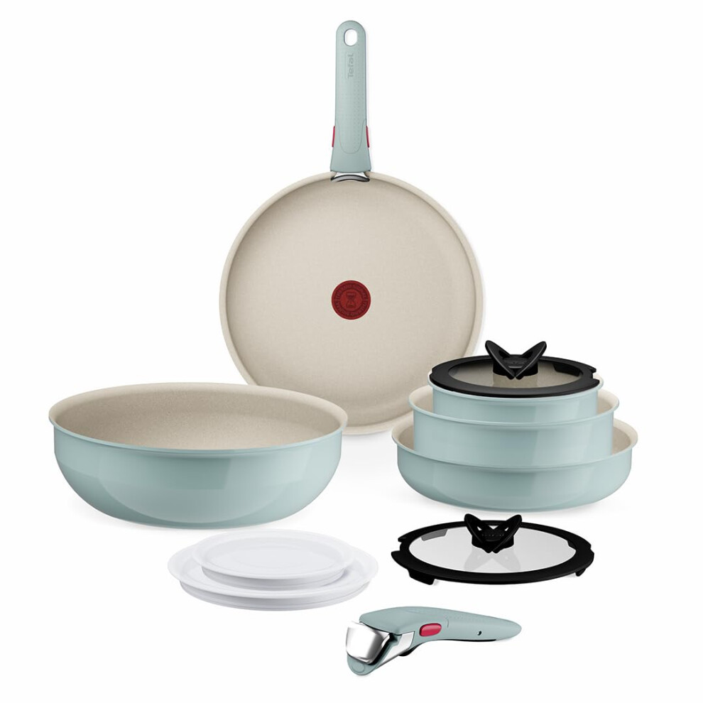 Tefal Ingenio 11-Piece Non-Stick Cookware Set ? Induction Frying Pans, Wok, Saucepans With Glass Lids, Detachable Handles, Oven Safe, Stackable, Green