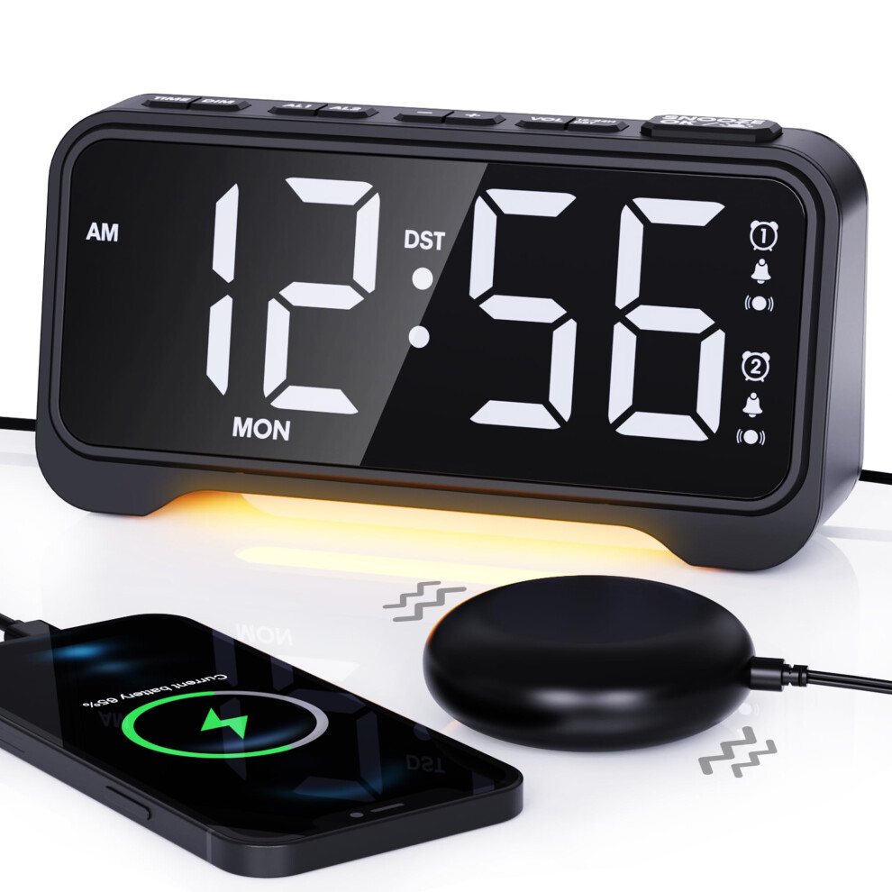 Alarm Clock For Heavy Sleepers With Powerful Bed Shaker, Loud Alarm Clock For Deaf People, Dual Alarm, 5 Dimmer, 5 Volumes, Snooze, Power-Off Rocam