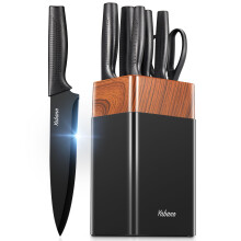 Knife Set, Yabano 7 Pieces Kitchen Knife Set with Universal PE Knife Block, Knife Block Set with Built-in Sharpener, Black Kitchen Knives for