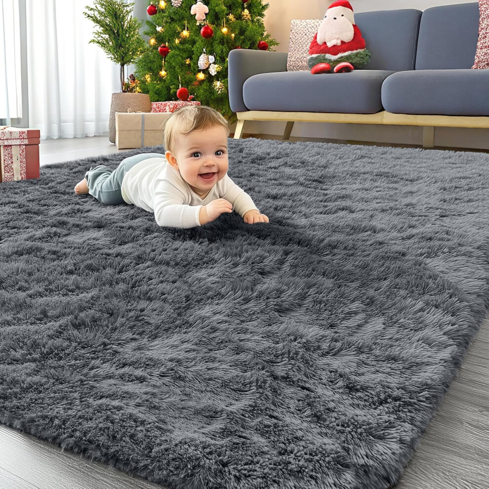 Fluffy Shaggy Rugs Living Room, Large Anti Slip Carpet, Machine Washable Soft Thick Pile Bedside Rug For Kids Bedroom, Nursery - Dark 160 Grey Homaxy