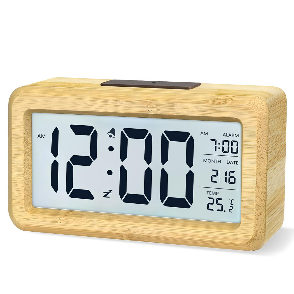 Aboveclock Digital Alarm Clock, Wooden Bedside Clock With Large Lcd Backlit Display, Temperature, Snooze Function, Brightness Sensor, 3 Aaa Battery