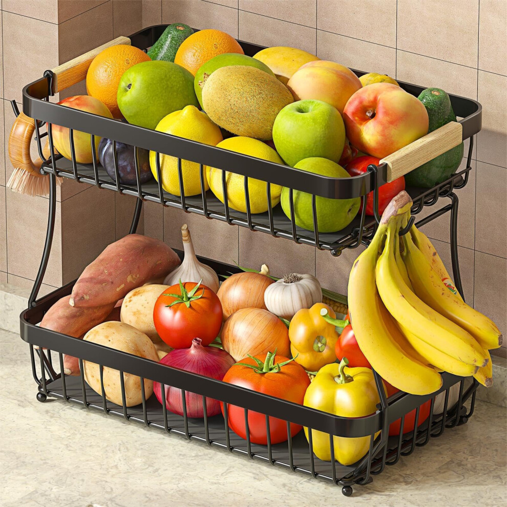 Fournine 2 Tier Fruit Bowl Basket With 2 Banana Hanger, 2026 Pro Detachable Kitchen Countertop Organizer For Fruits, Vegetables, Snacks, Metal
