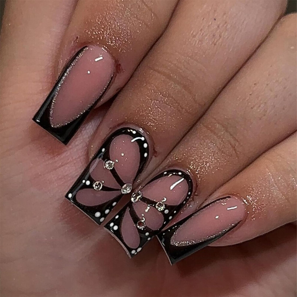 Butterfly Press On Nails Short Acrylic Black French Tip, 24pcs Reusable Set with Rhinestones
