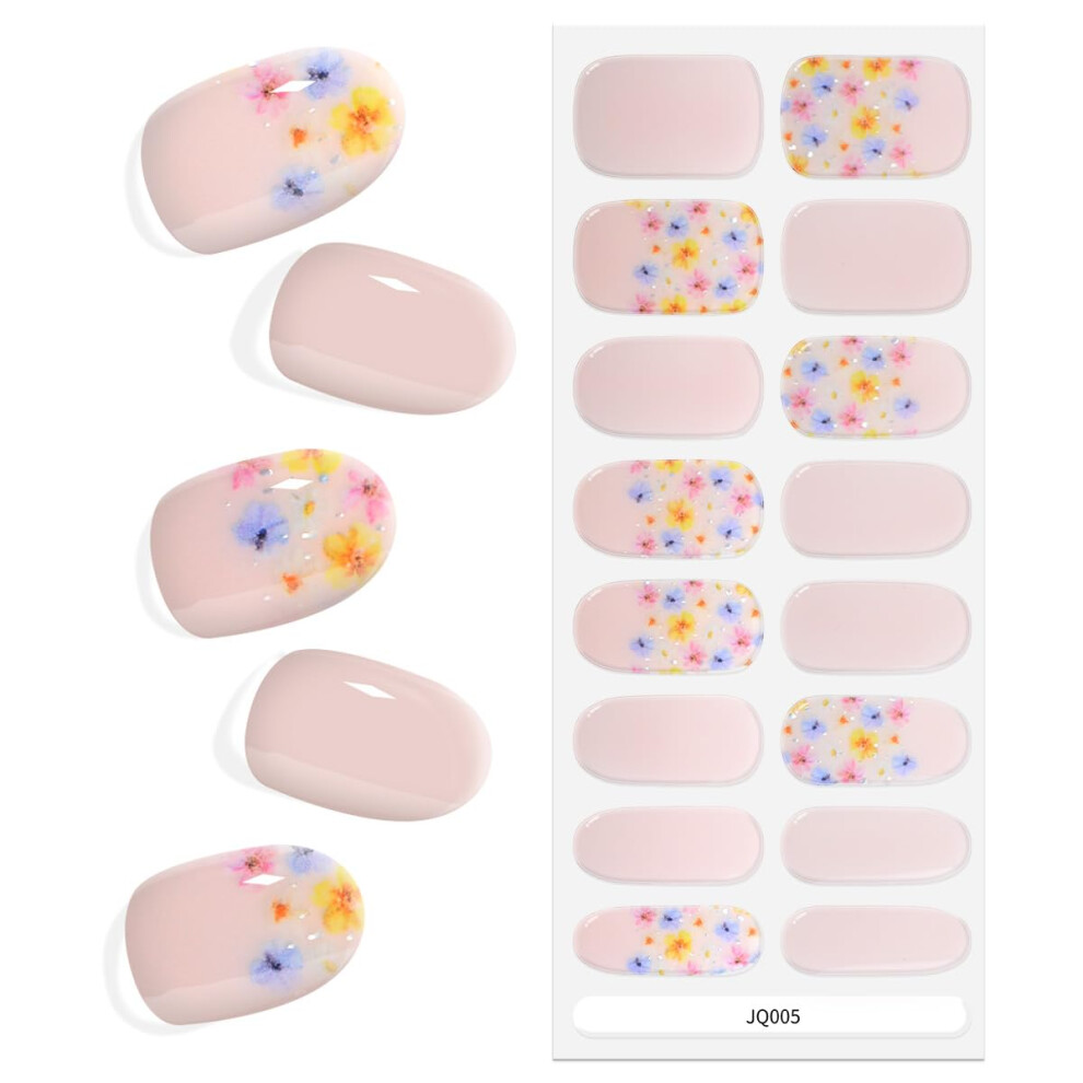 Semi Cured Gel Nail Strips French Floral, Salon Quality Long Lasting UV Gel Wraps for Women