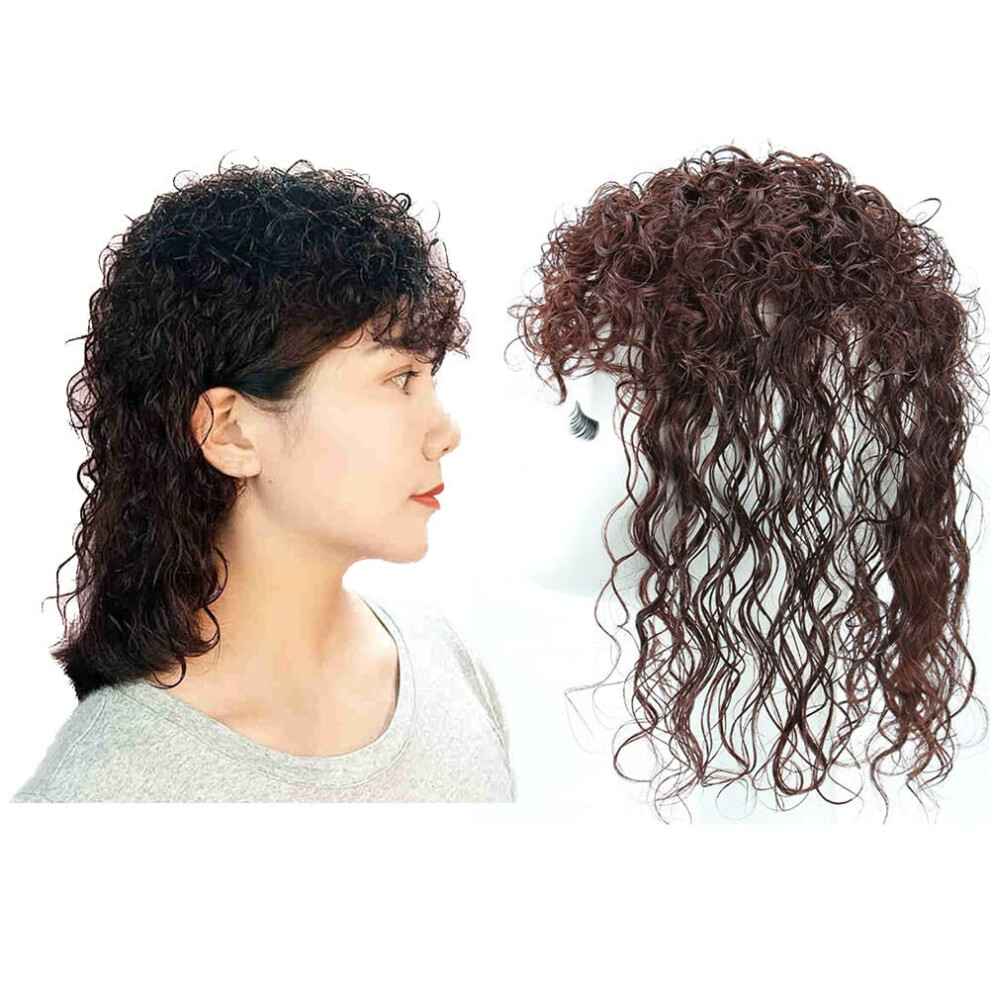 Unisex Black Natural Human Hair Topper Large Base Curly Wig With Bangs For Women 40Cm Seamless Blend