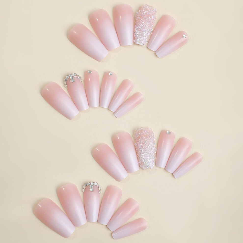 Beige French Press On Nails 24Pcs Acrylic Fake Nails With Rhinestones, Salonquality At Home