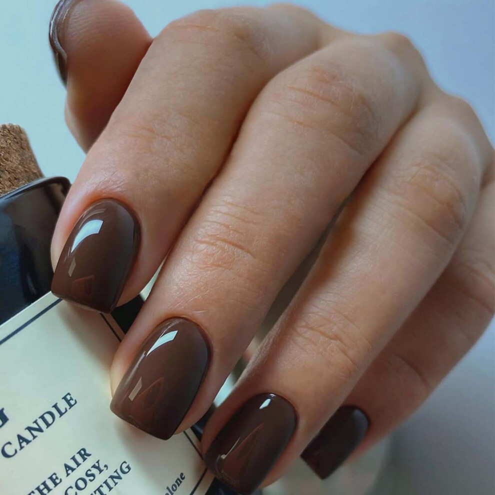 Brown Short Press On Nails Glossy Full Cover Fake Acrylic Nails Reusable Quick Salon Look 24Pcs