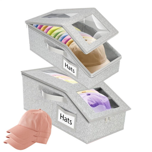 Hat Storage Organizer with Clear Window, Stackable Large Box for Closet, Bedroom, Dorm, Office