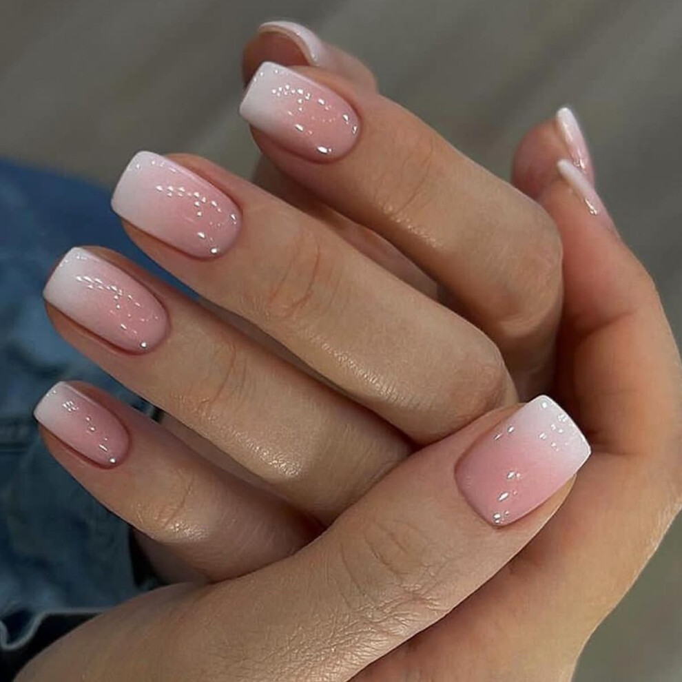 Cream French Tip Press On Nails, Reusable Square Fake Nails, Natural Nude Gradient Instant Manicure