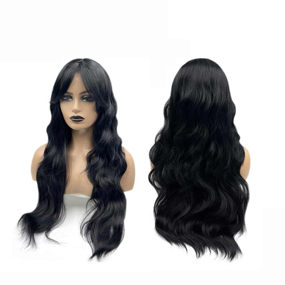 Unisex 27 Inch Long Wavy Wig With Bangs For Women, Heat Resistant Glueless Synthetic Hair