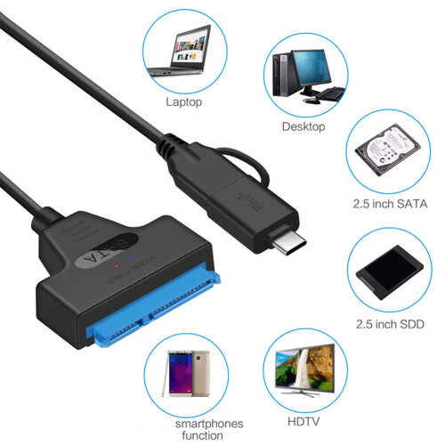 2 em 1  para Cabo USB 3.0  para Disco RíGido Externo Tipo C Adaptador Conversor de 22 Pinos para HDD/SSD de 2,5 Polegadas 1